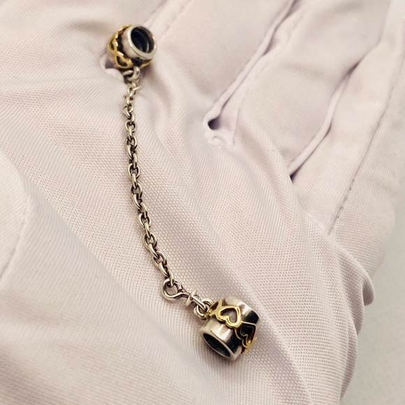 EUC Pandora 790307-05 Sterling Silver w/ 14k Gold Two Tone Heart Safety Chain - Picture 3 of 11